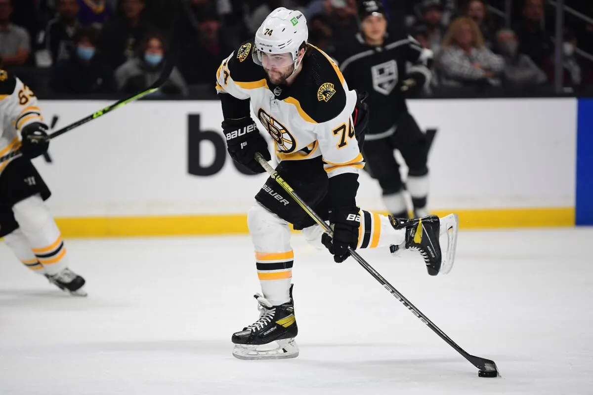 Boston Bruins left wing Jake DeBrusk (74) scores a goal against the Los Angeles Kings during the first period at Crypto.com Arena in Los Angeles on Feb. 28, 2022. (Gary A. Vasquez/USA TODAY Sports via Field Level Media)