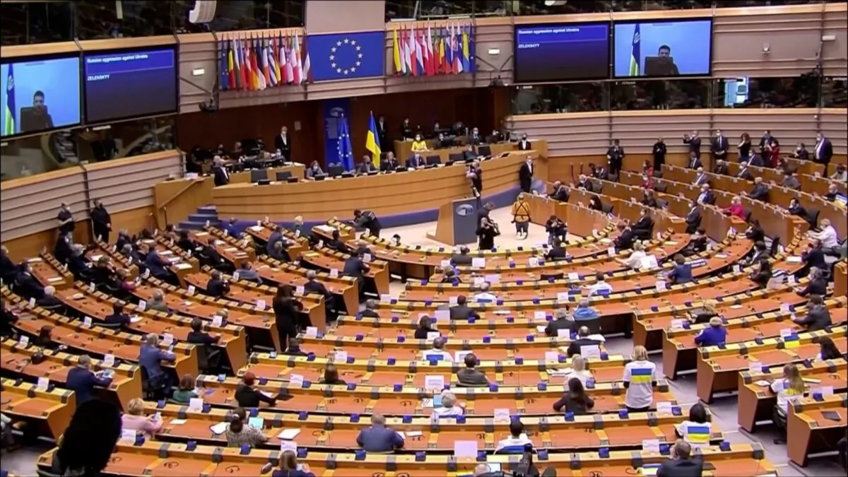 Emergency session of the European parliament in progress in Brussels, Belgium, on Mar. 1, 2022. (European Union/Screenshot via The Epoch Times)