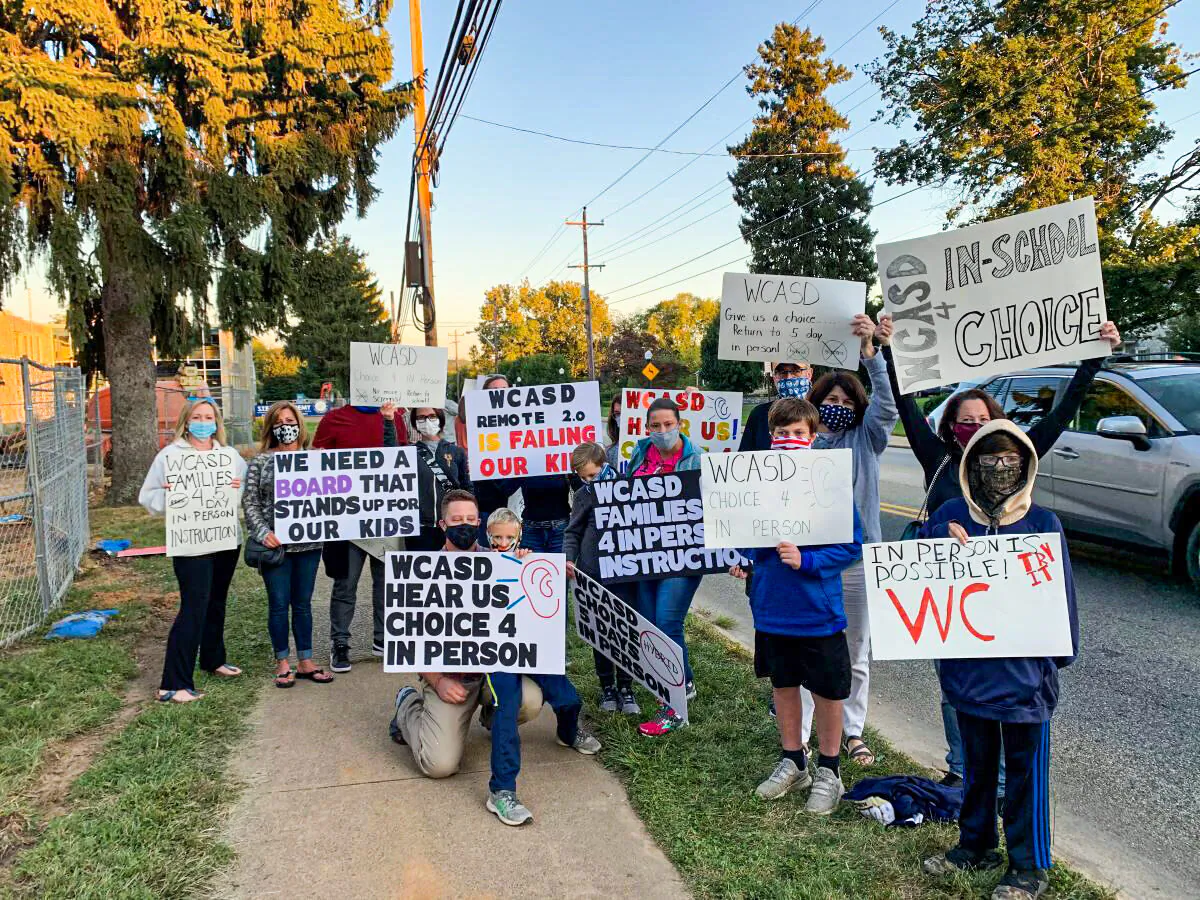 Parents and students of West Chester Area School District in Pennsylvania protest the mask mandate. (Courtesy of Beth Ann Rosica)