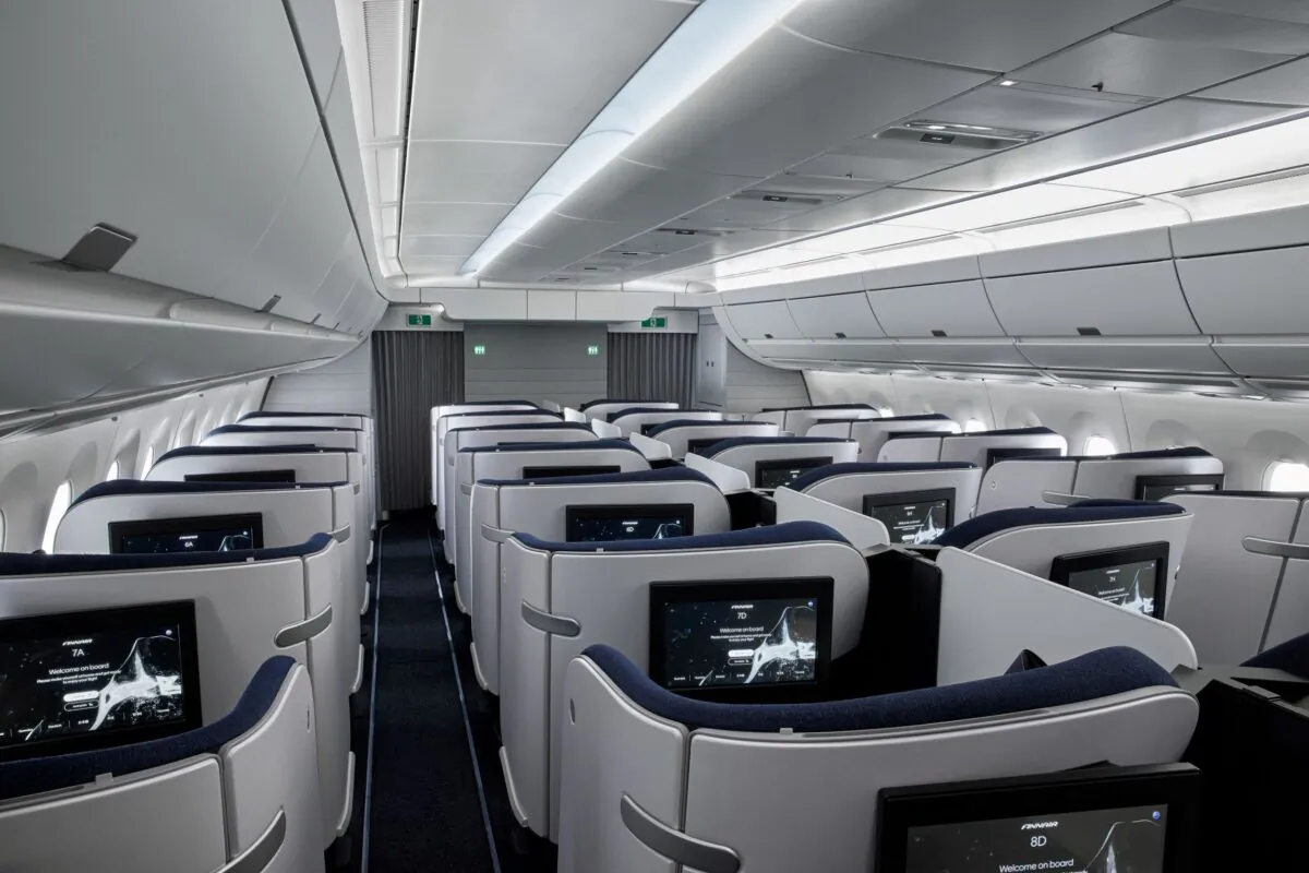 A general view of the business class cabin of a Finnair A350 aircraft is pictured in Helsinki, Finland, on Dec. 3, 2021. (Finnair/Handout via Reuters)