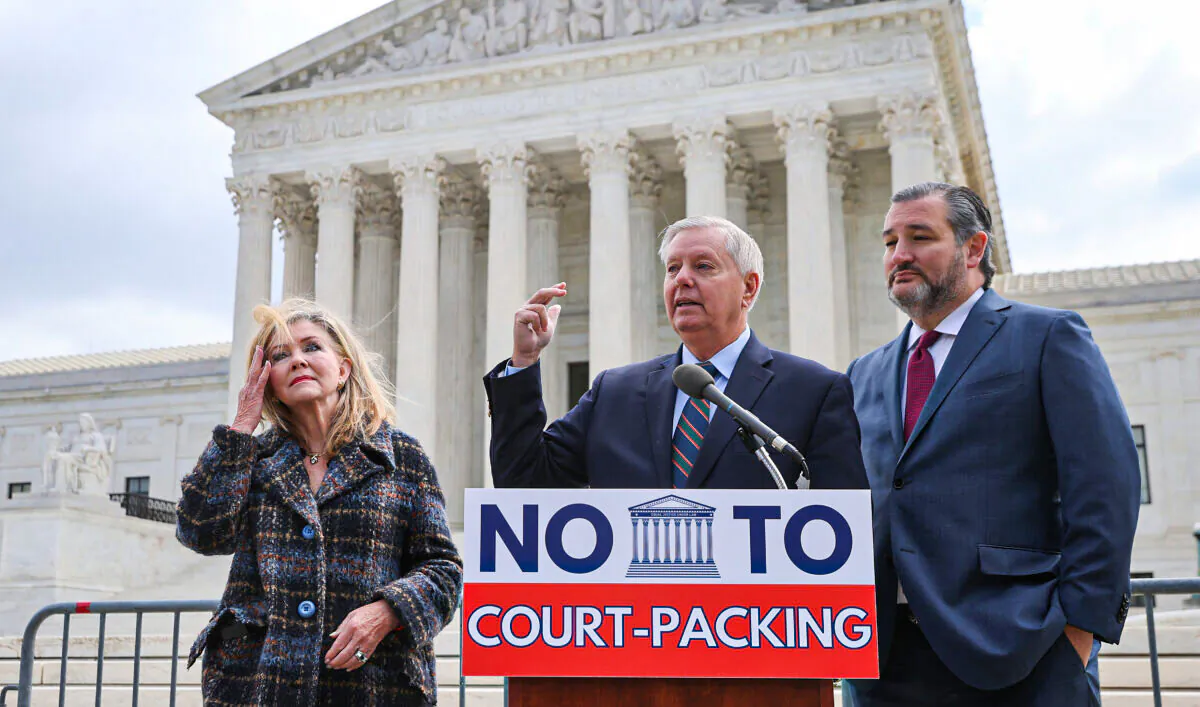 Senate Judiciary Committee members Sen. Marcia Blackburn (R-Tenn.), Sen. Lindsey Graham (R-S.C.), and Sen. Ted Cruz (R-Texas) hold a news conference to voice their opposition to adding justices to the U.S. Supreme Court outside the court's building in Washington on April 22, 2021. (Chip Somodevilla/Getty Images)