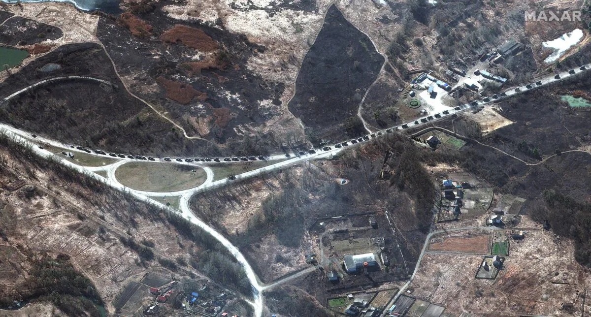 This satellite image provided by Maxar Technologies shows a military convoy near Invankiv, Ukraine on Feb. 28, 2022. (Satellite image ©2022 Maxar Technologies via AP)