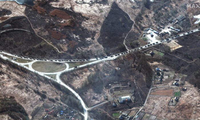 This satellite image provided by Maxar Technologies shows a military convoy near Invankiv, Ukraine on Feb. 28, 2022. (Satellite image ©2022 Maxar Technologies via AP)