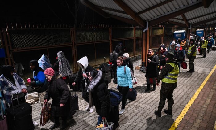 Ukrainian nationals arrive by train from Kyiv, Ukraine at the main train station in Przemysl, Poland on Feb. 28, 2022. (Omar Marques/Getty Images)