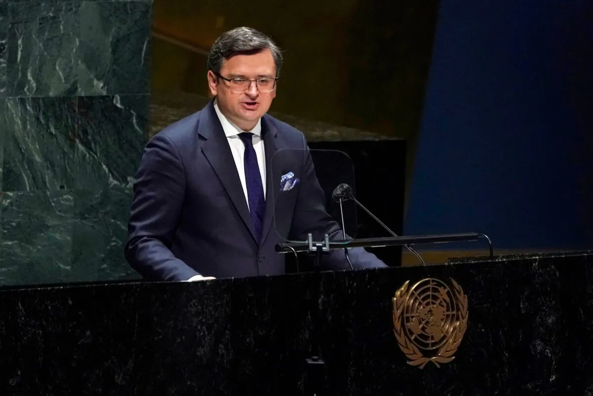 Ukrainian Foreign Minister Dmytro Kuleba speaks at the General Assembly 58th plenary meeting in New York on Feb. 23, 2022. (Timothy A. Clary/AFP via Getty Images)