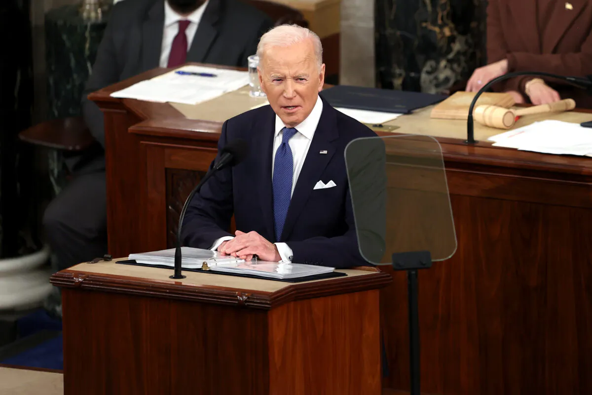 U.S. President Joe Biden gives his State of the Union address during a joint session of Congress at the U.S. Capitol in Washington on March 1, 2022. (Julia Nikhinson-Pool/Getty Images)