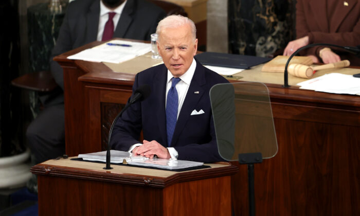U.S. President Joe Biden gives his State of the Union address during a joint session of Congress at the U.S. Capitol in Washington on March 1, 2022. (Julia Nikhinson-Pool/Getty Images)