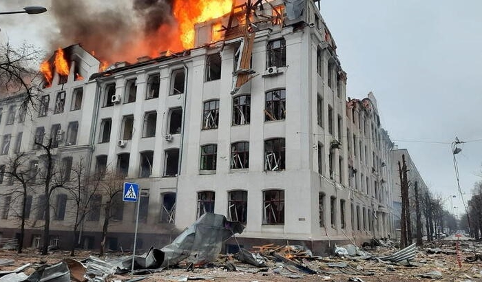 The area near National University after shelling in Kharkiv, Ukraine, on March 2, 2022. (Ukrainian State Emergency Service via Reuters)