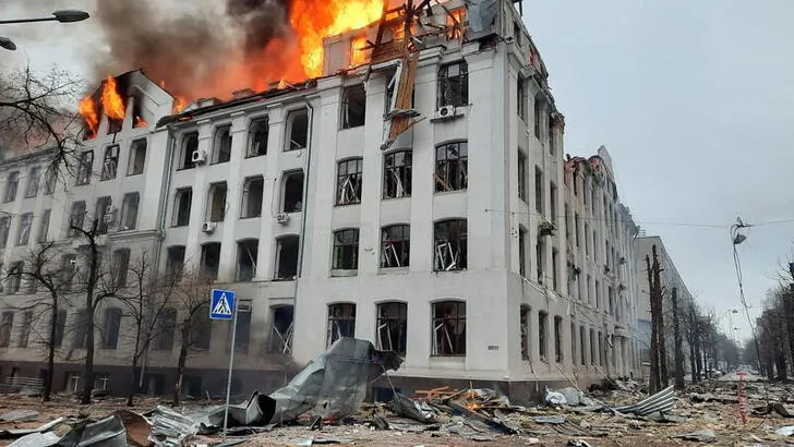 The area near National University after shelling in Kharkiv, Ukraine, on March 2, 2022. (Ukrainian State Emergency Service via Reuters)