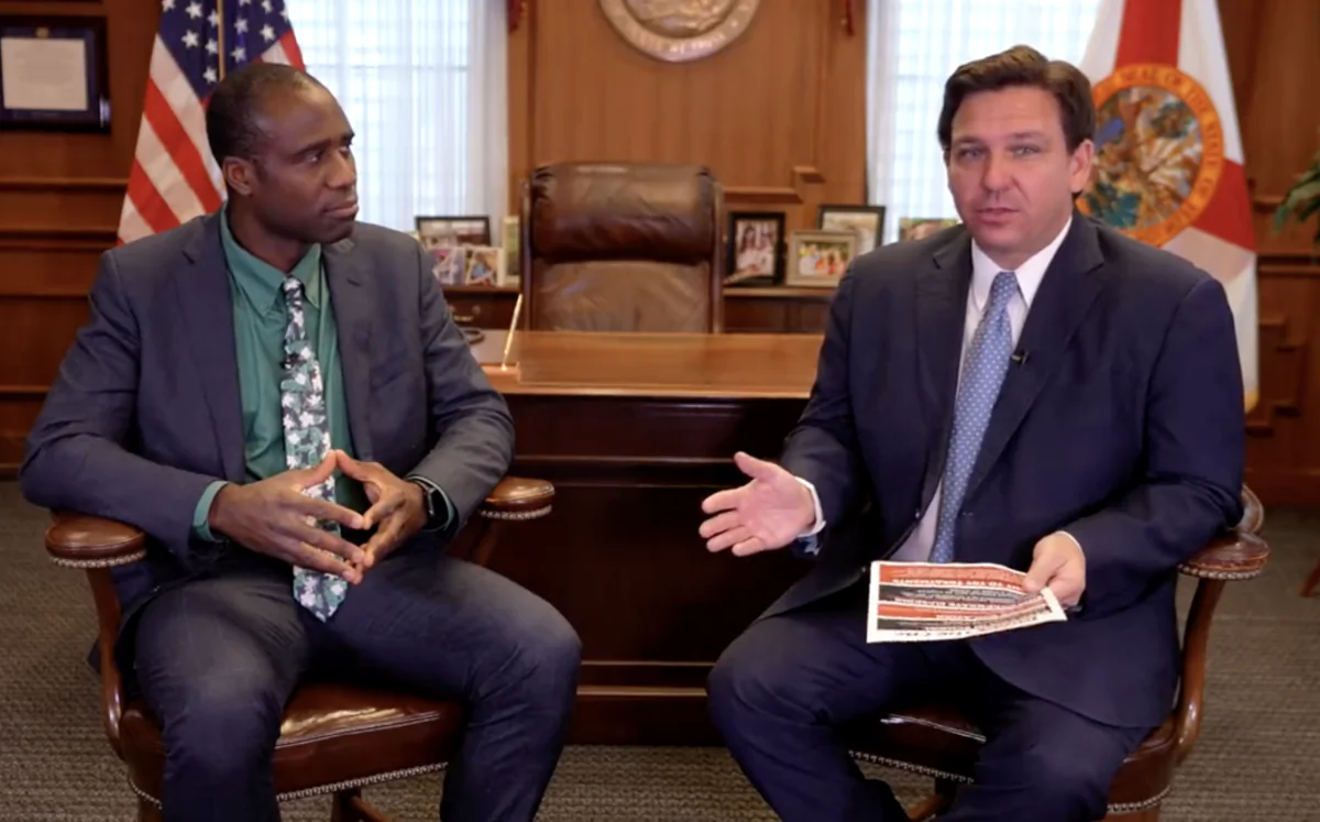 Florida surgeon general Joseph Ladapo (L) and Gov. Ron DeSantis at the governor's office in Tallahassee on Feb. 24, 2022. (Courtesy of Florida Governor's Office)
