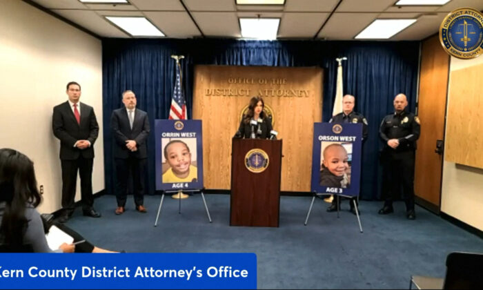 In a still from a video, Cynthia Zimmer (C) of Kern County District Attorney's Office talks in a press conference in Bakersfield, Calif., on March 2, 2022. (Courtesy of Kern County District Attorney's Office via AP)
