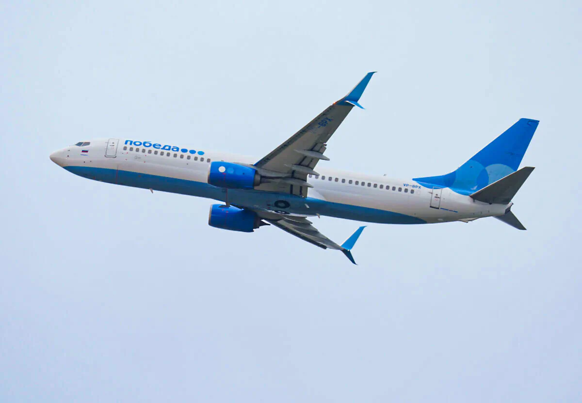 A Pobeda airlines flight to Moscow, on which Russian opposition politician Alexei Navalny was traveling, departs BER Berlin Brandenburg Airport in Schoenefeld, Germany on Jan. 17, 2021. (Sean Gallup/Getty Images)