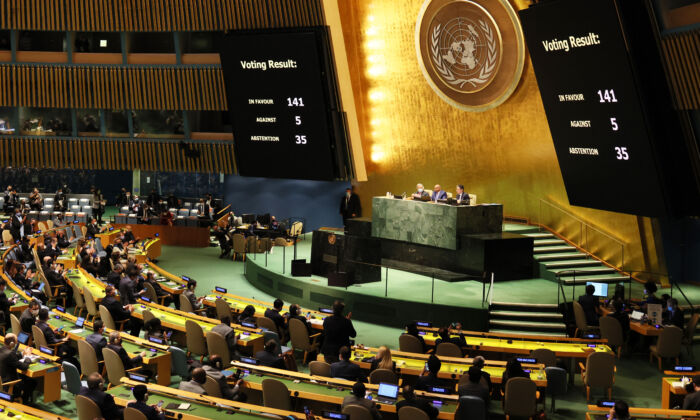 The results of a General Assembly vote on a resolution is shown on a screen during a special session of the General Assembly at the United Nations headquarters in New York, on March 2, 2022. (Michael M. Santiago/Getty Images)