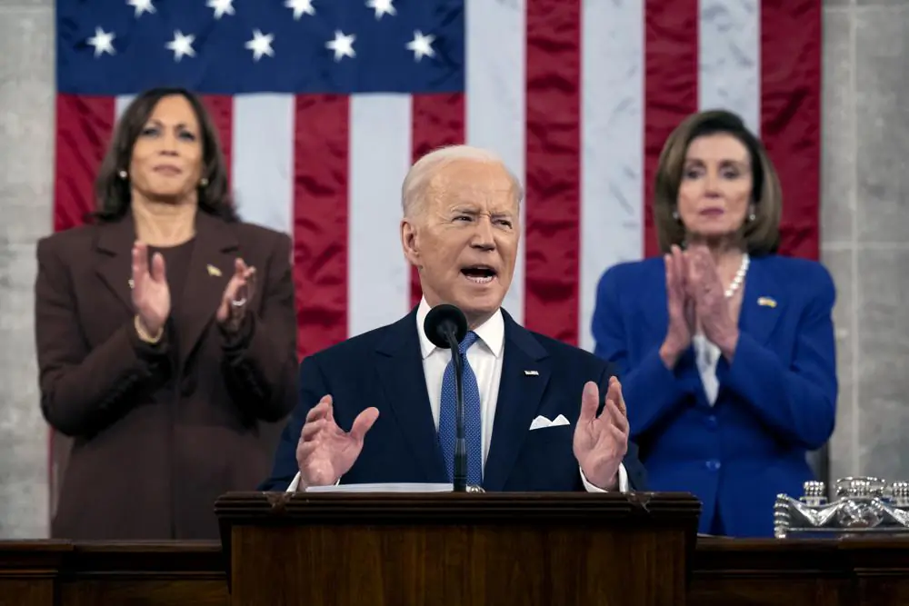 President Joe Biden delivers his State of the Union address to a joint session of Congress at the Capitol in Washington on March 1, 2022. (Saul Loeb/Pool via AP)