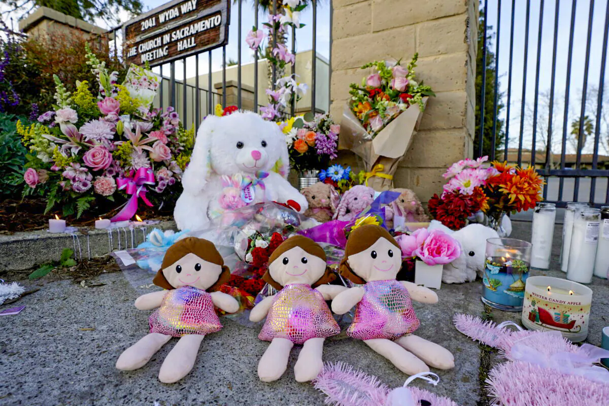 A memorial for the three young girls, who were slain by their father at The Church in Sacramento, is seen outside the church in Sacramento Calif., on March 1, 2022. (Rich Pedroncelli/AP Photo)