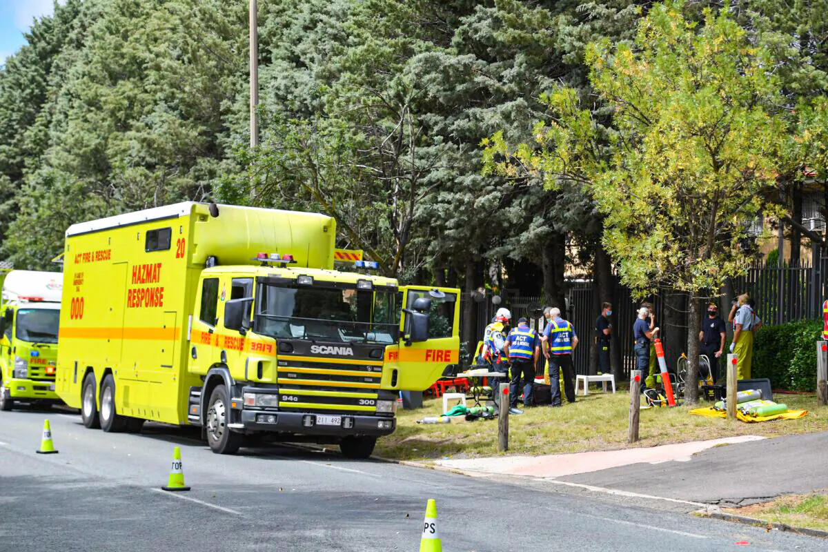 Emergency services are seen at Russia’s Embassy after a suspicious package was found, in Canberra, Australia, on March 3, 2022. (AAP Image/Mick Tsikas)