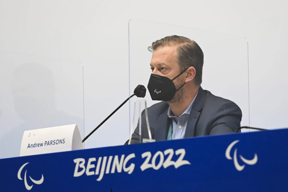 International Paralympic Committee (IPC) president Andrew Parsons speaks during a IPC press conference in Beijing on March 3, 2022. (Zhe Ji/Getty Images for IPC)