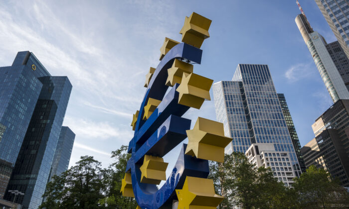 The Euro sculpture stands in the financial district in Frankfurt, Germany, on June 09, 2021. (Thomas Lohnes/Getty Images)