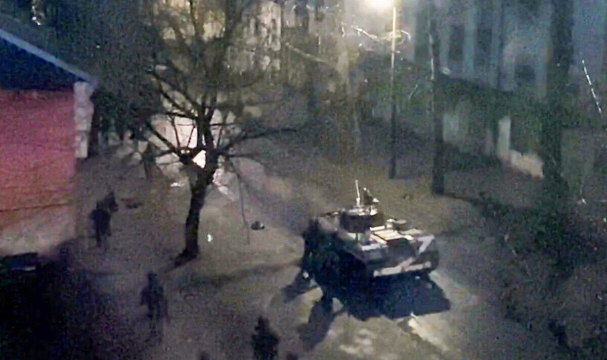 A military tank is seen on a street of Kherson, Ukraine, on March 1, 2022. (Screenshot via Reuters)
