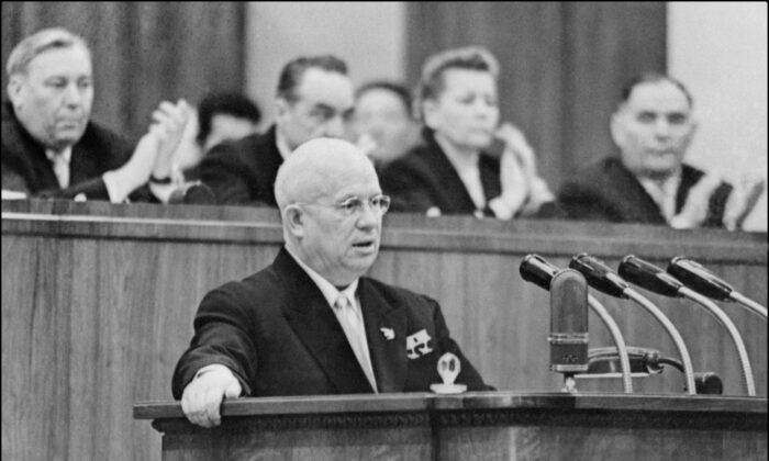 Nikita Sergeyevich Khrushchev addresses the Soviet Communist Party in Moscow, Russia, on February 1959. Khrushchev became the first secretary of the Party on the death of Stalin and was deposed in 1964, replaced by Brezhnev and Kosygin and went into retirement. (AFP via Getty Images)