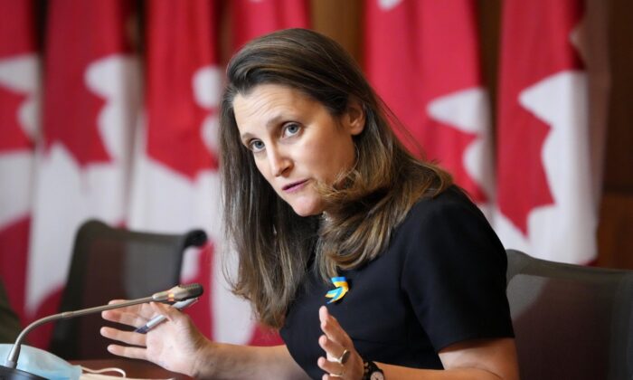 Deputy Prime Minister and Minister of Finance Chrystia Freeland speaks at a press conference in Ottawa, on March 1, 2022. (The Canadian Press/Justin Tang)