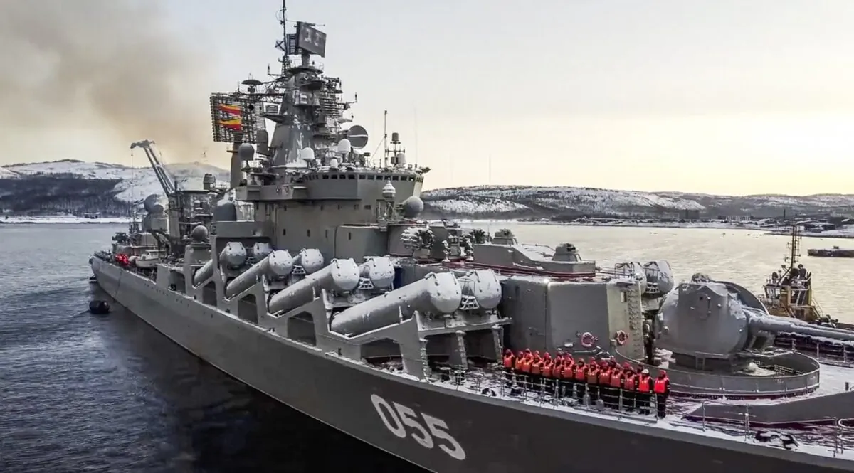 In this photo taken from video and released by the Russian Defense Ministry Press Service on Jan. 26, 2022, the Russian navy's missile cruiser Marshal Ustinov sails off for an exercise in the Arctic. (The Canadian Press/AP-Russian Defense Ministry Press Service via AP)
