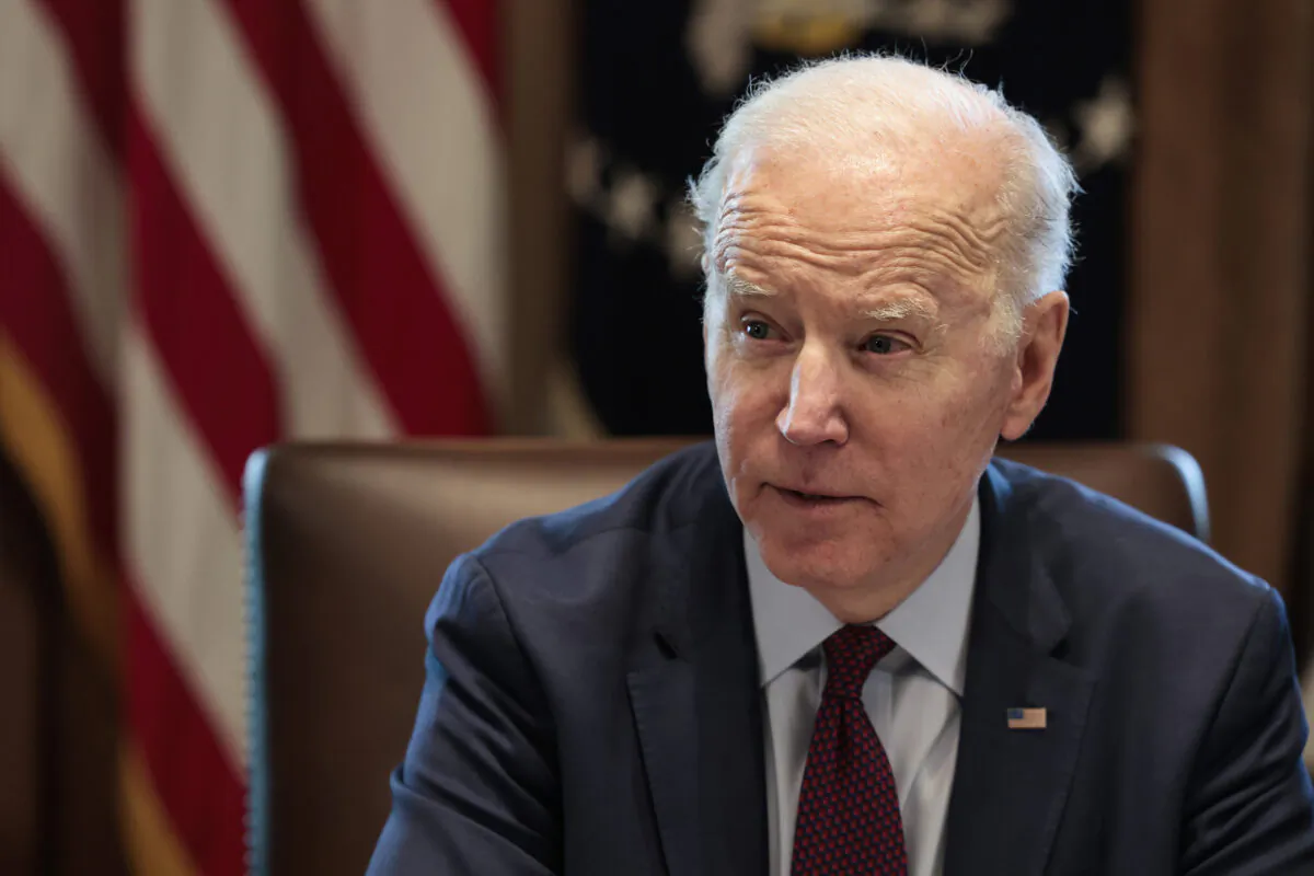 President Joe Biden speaks to reporters before the start of a cabinet meeting in the Cabinet Room of the White House in Washington on March 3, 2022. (Anna Moneymaker/Getty Images)