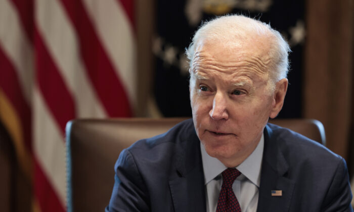 President Joe Biden speaks to reporters before the start of a cabinet meeting in the Cabinet Room of the White House on March 3, 2022. (Anna Moneymaker/Getty Images)