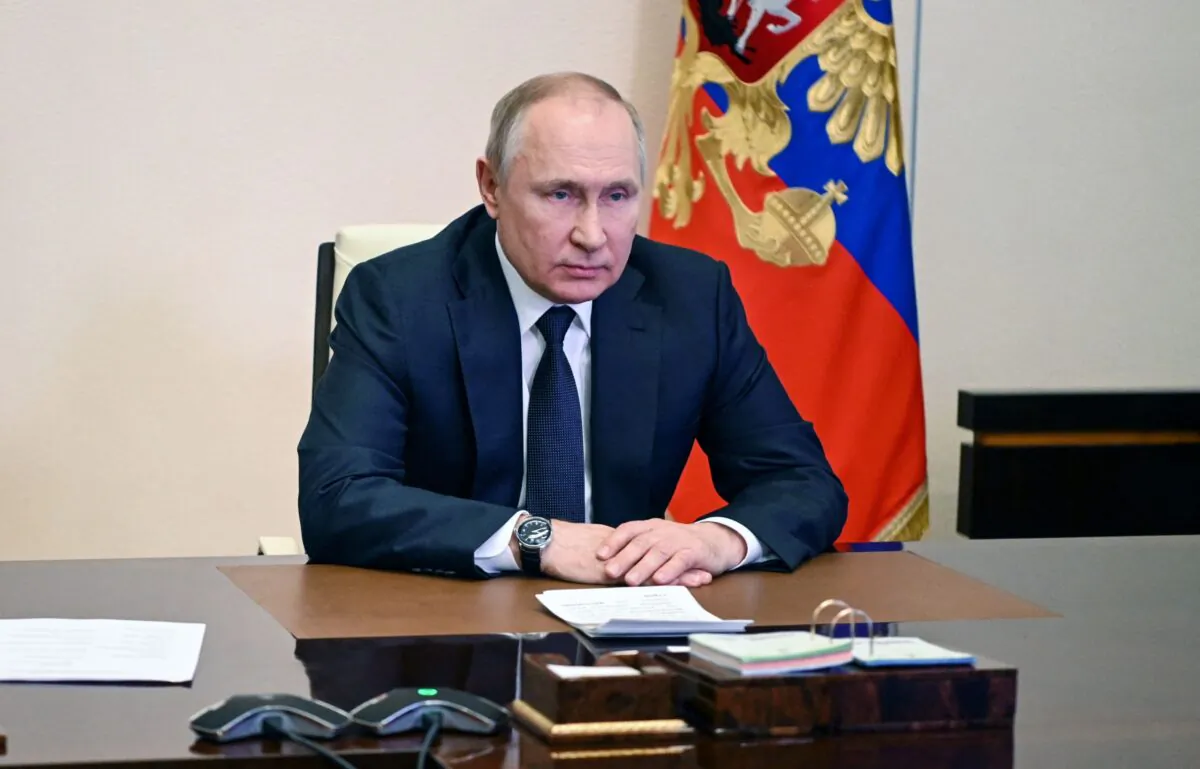 Russian President Vladimir Putin chairs a meeting with members of the Security Council via teleconference call at the Novo-Ogaryovo state residence outside Moscow, Russia, on March 3, 2022. (Gorshkov/Sputnik/AFP via Getty Images)