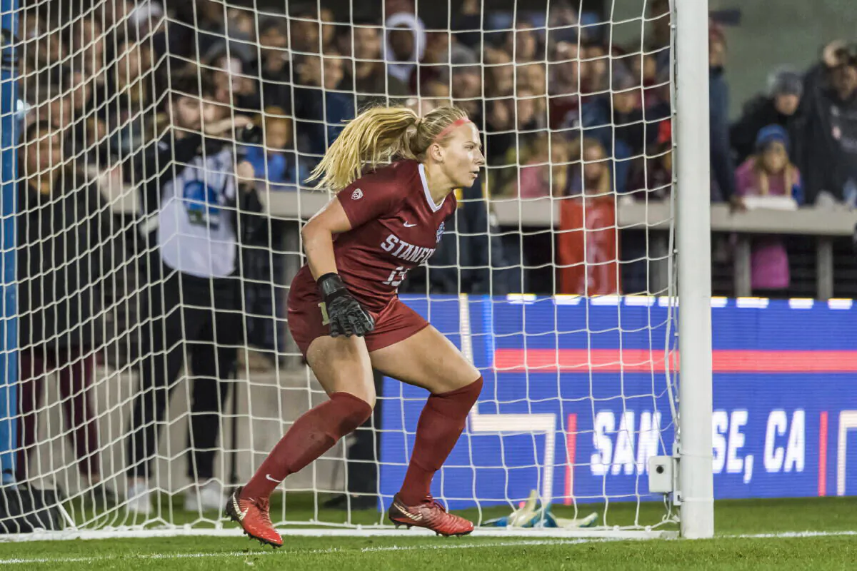 Stanford goalkeeper Katie Meyer guards the goal against North Carolina in the NCAA soccer tournament championship match in San Jose, Calif. on Dec. 8, 2019. (Jim Shorin/Stanford Athletics via AP)