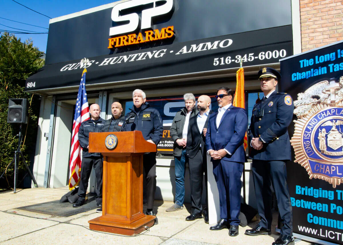 Nassau County Executive Bruce Blakeman kicks off his guns-for-Ukraine initiative at SP Firearms in Franklin Square, NY, on March 3, 2022. (Dave Paone/The Epoch Times)