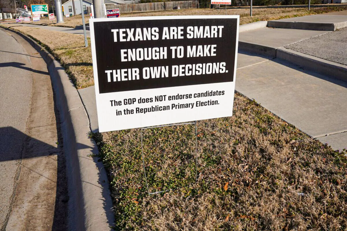 Sign in front of a Republican Primary Polling place in Denton, Texas, March 1, 2022. There were no voters at the polling place at 8:30 a.m. (Patrick Butler/The Epoch Times)