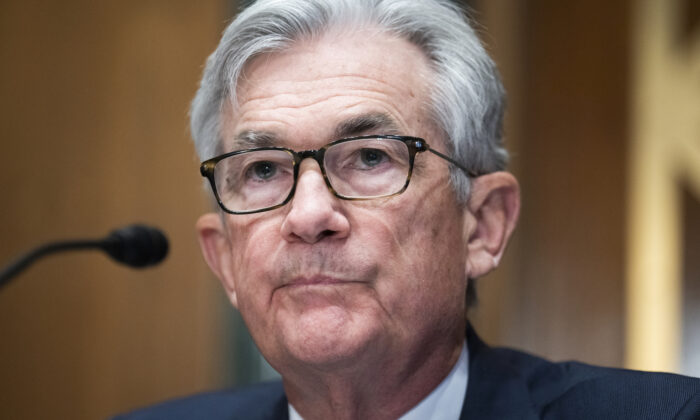 U.S. Federal Reserve Chair Jerome Powell testifies at a Senate Banking, Housing, and Urban Affairs Committee hearing on Capitol Hill in Washington on March 3, 2022. (Tom Williams-Pool/Getty Images)