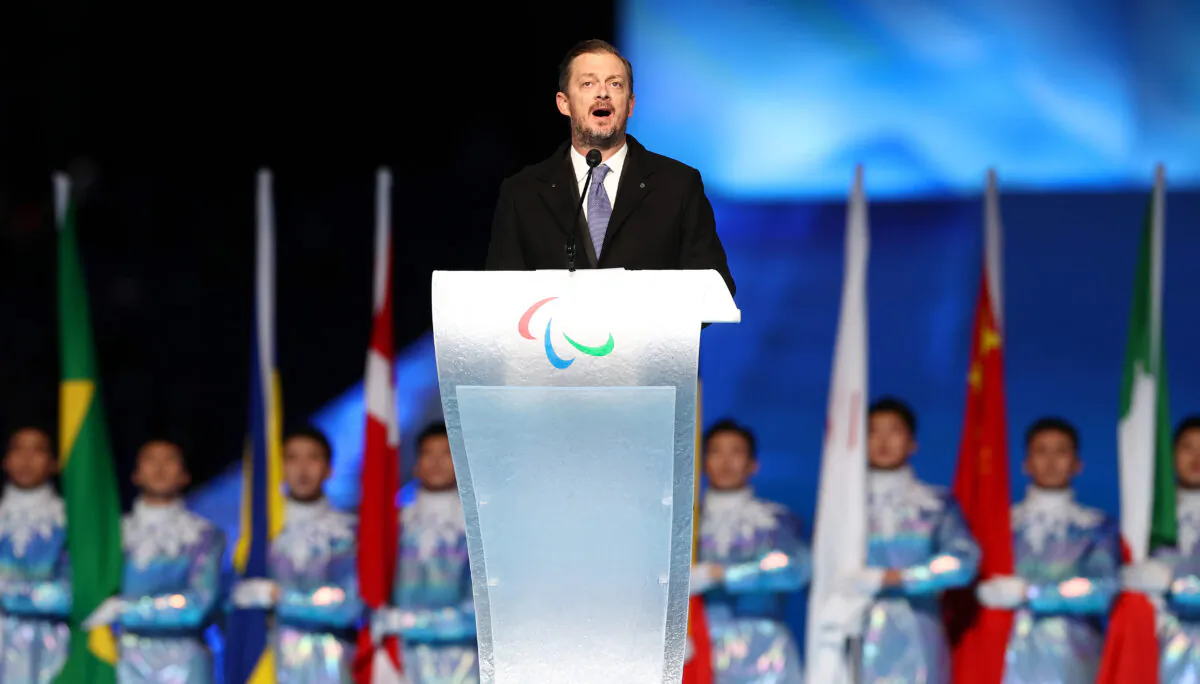Andrew Parsons, President of IPC, makes a speech during the Opening Ceremony of the Beijing 2022 Winter Paralympics at the Beijing National Stadium in Beijing, China, on March 4, 2022. (Ryan Pierse/Getty Images)