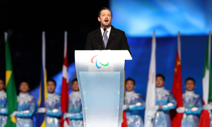 Andrew Parsons, President of IPC, makes a speech during the Opening Ceremony of the Beijing 2022 Winter Paralympics at the Beijing National Stadium in Beijing, China, on March 4, 2022. (Ryan Pierse/Getty Images)