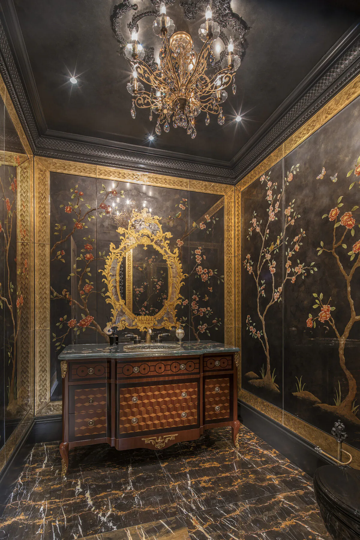 Eglomise Chinoiserie botanical motifs feature in this powder room by Gorman Studios of Vancouver. (Courtesy of Gorman Studios)