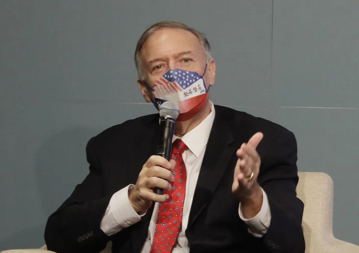 Former U.S. Secretary of State Mike Pompeo answers questions from an audience after delivering a speech during his four-day trip to Taiwan, in Taipei, on March 4, 2022. (Chiang Ying-ying/AP Photo)