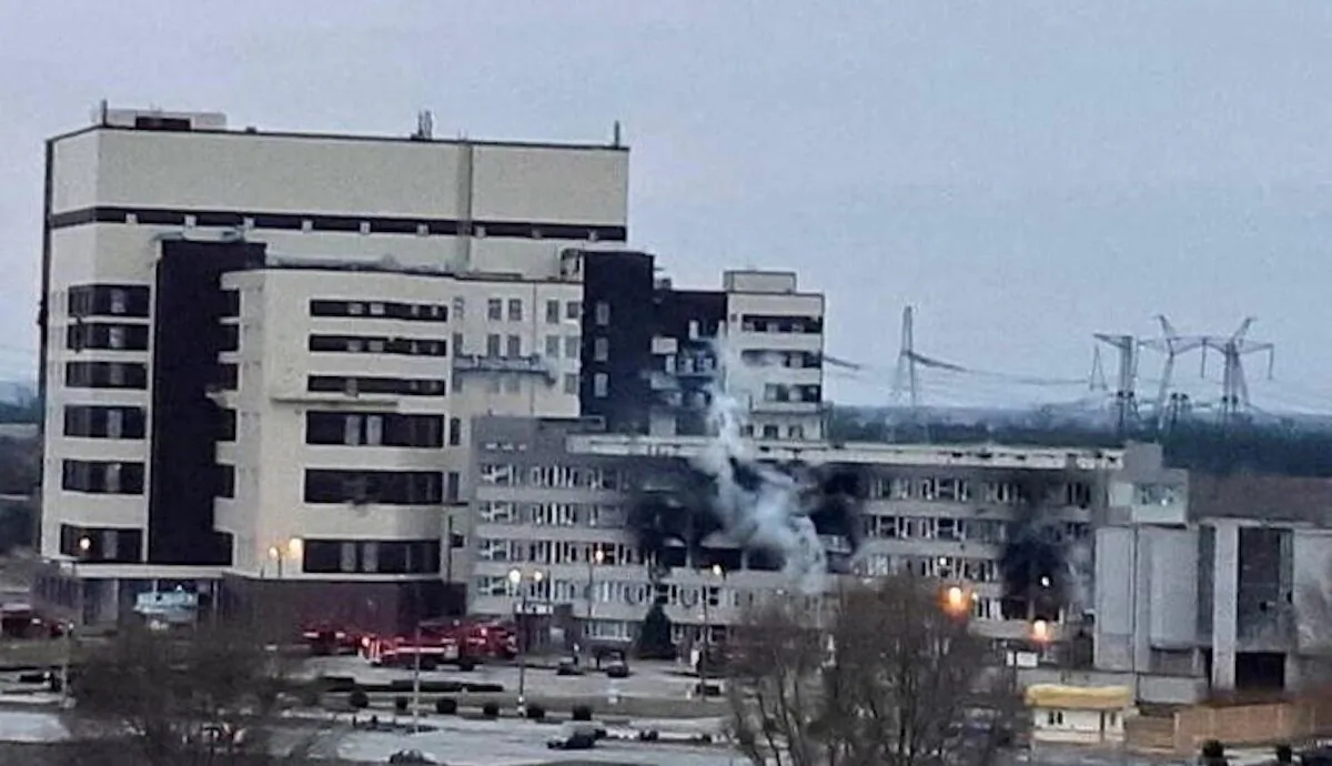 A damaged administrative building of the Zaporizhzhia nuclear power plant, amid the Russian invasion of Ukraine, in Enerhodar, the Zaporizhzhia region, Ukraine, on March 4, 2022. (Press service of National Nuclear Energy Generating Company Energoatom/Handout via Reuters)