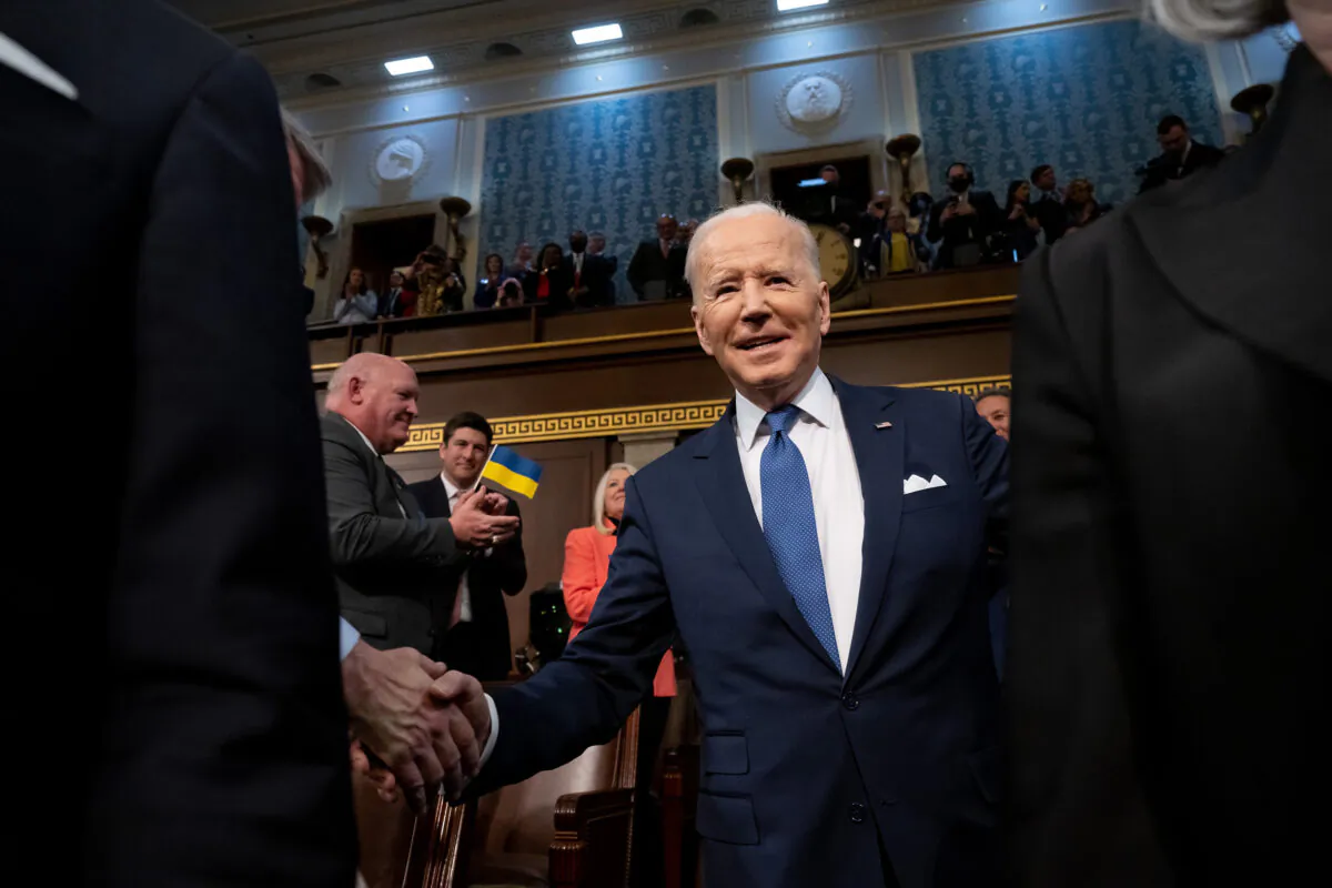 President Joe Biden arrives to deliver the State of the Union address during a joint session of Congress in the U.S. Capitol House Chamber in Washington on March 1, 2022. (Saul Loeb/Pool/Getty Images)