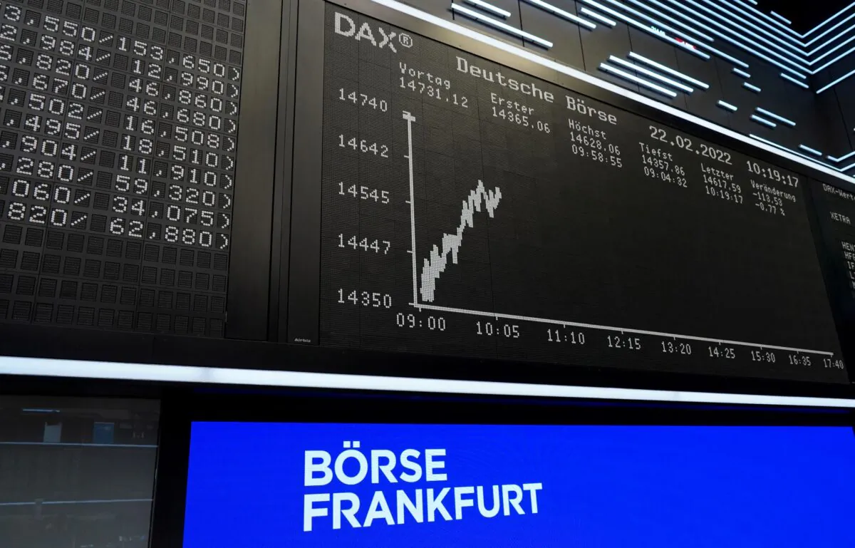 The German share price index DAX graph is pictured at the stock exchange in Frankfurt, Germany, on Feb. 22, 2022. (Timm Reichert/Reuters)