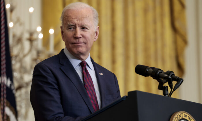 President Joe Biden speaks in the East Room of the White House in Washington, on March 3, 2022. (Anna Moneymaker/Getty Images)