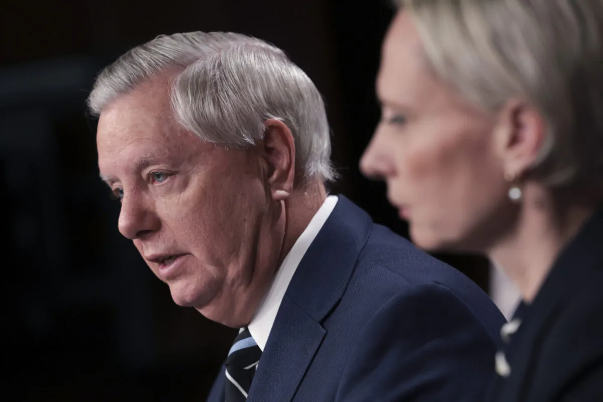 Sen. Lindsey Graham (R-S.C.) speaks to reporters in Washington on March 2, 2022. (Kevin Dietsch/Getty Images)