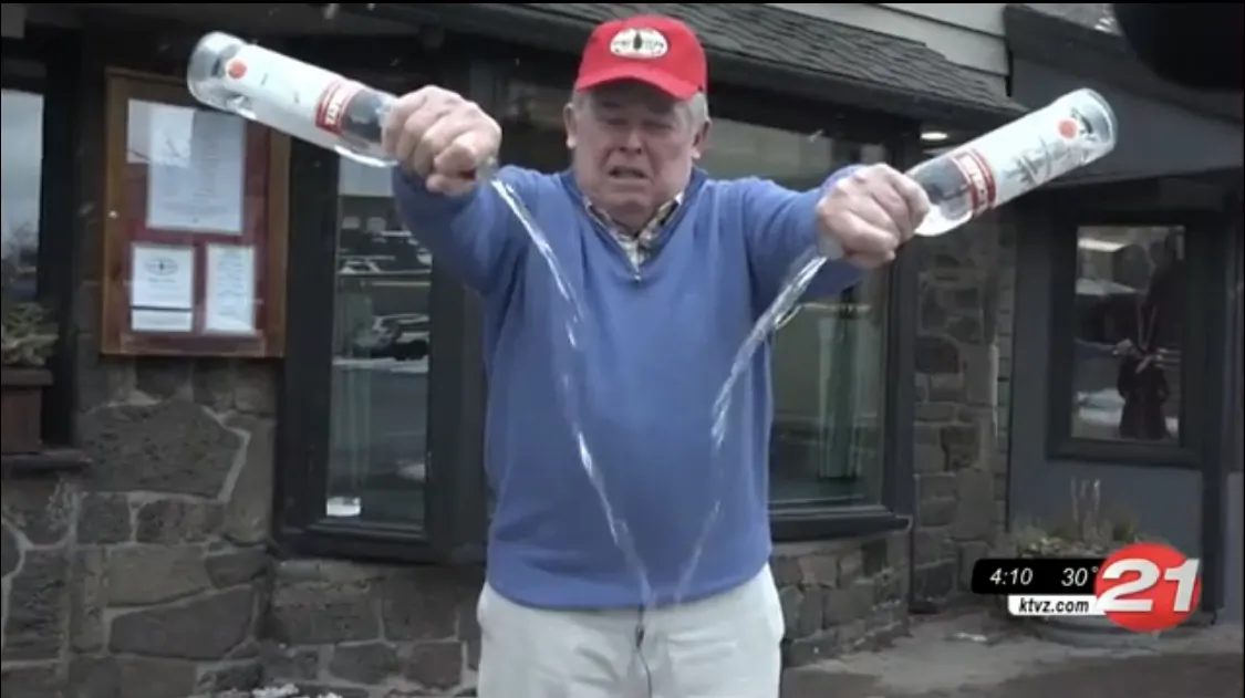 The owner of Pine Tavern in Bend, Oregon, pours out Russian vodka in protest in the days before Russia's invasion of Ukraine on Feb. 24, 2022 (Courtesy of KTVZ Newchannel 21)