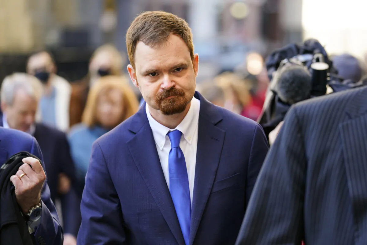 Brandon Bostian, the Amtrak engineer involved in a 2015 derailment in Philadelphia that killed eight people and injured more than 200, walks from the criminal justice center in Philadelphia, on March 4, 2022. (Matt Rourke/AP Photo)