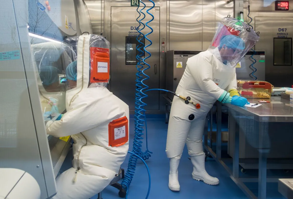 Workers are seen next to a cage with mice (R) inside the P4 laboratory in Wuhan, Hubei Province, China, on Feb. 23, 2017. (Johannes Eisele/AFP via Getty Images)
