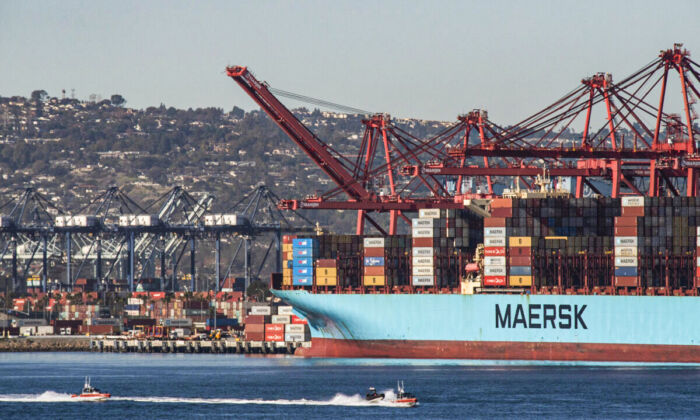 Ships await the offloading of cargo in Long Beach, Calif., on Jan 11, 2022. (John Fredricks/The Epoch Times)