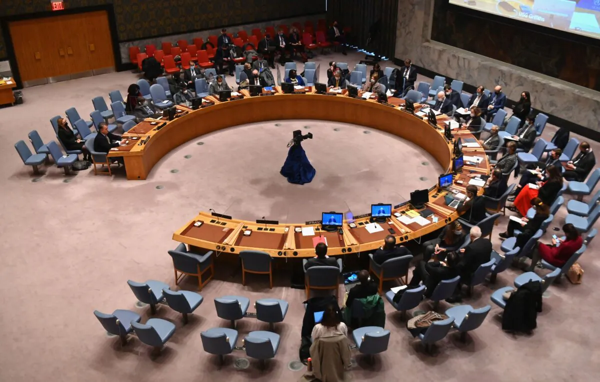 A general view of the U.N. Security Council meeting at U.N. headquarters in New York on Feb. 28, 2022. (Angela Weiss/AFP via Getty Images)