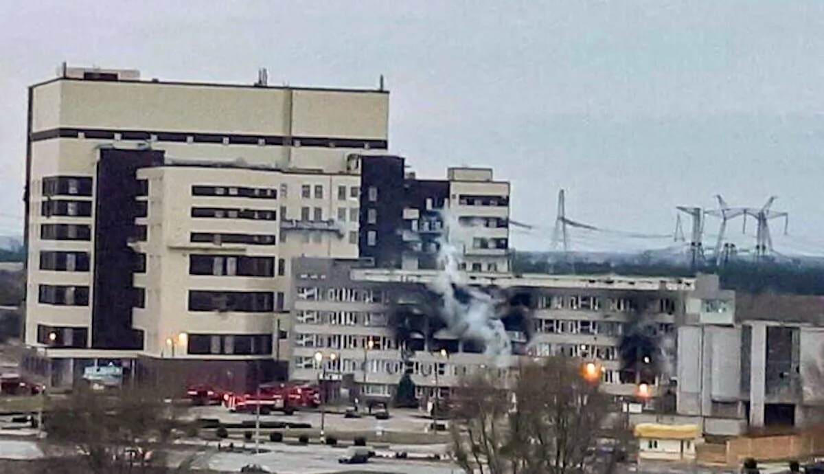 A damaged administrative building of the Zaporizhzhia nuclear power plant, amid the Russian invasion of Ukraine, in Enerhodar, the Zaporizhzhia region, Ukraine, on March 4, 2022. (Press service of National Nuclear Energy Generating Company Energoatom/Handout via Reuters)