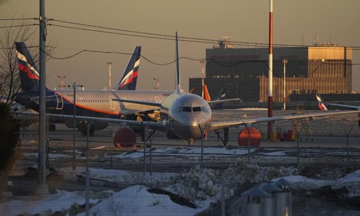Aeroflot's passengers planes are parked at Sheremetyevo airport, outside Moscow, Russia, March 1, 2022. (The Canadian Press/AP-Pavel Golovkin)