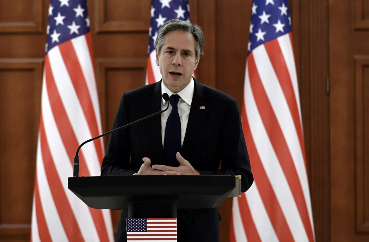 U.S. Secretary of State Antony Blinken speaks during a press conference in Chisinau, Moldova, on March 6, 2022. (Olivier Douliery/Pool/AFP via Getty Images)